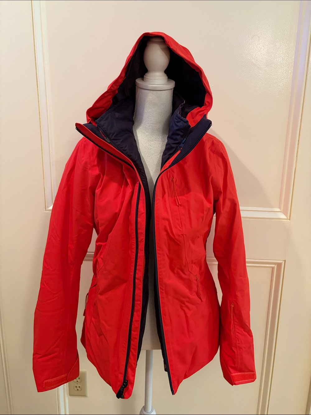 The North Face Red/Orange Hooded Ski Jacket with Gray Trim